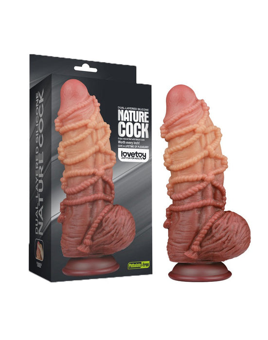 LoveToy - XXL Extreme Dildo met Touw Motief - Lengte 24 cm - Bruin/Lichte Huidskleur-Laced-up.nl