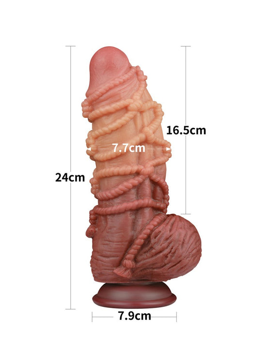 LoveToy - XXL Extreme Dildo met Touw Motief - Lengte 24 cm - Bruin/Lichte Huidskleur-Laced-up.nl