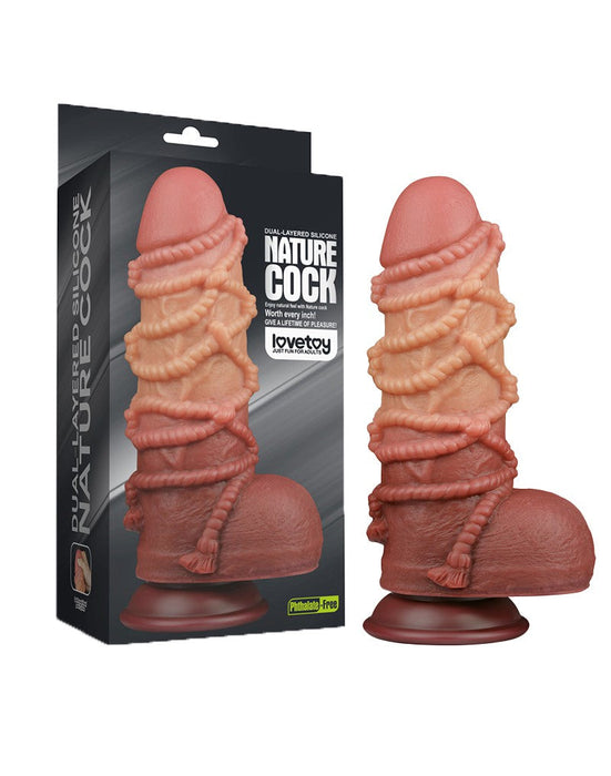 LoveToy - XXL Extreme Dildo met Touw Motief - Lengte 24,5 cm - Bruin/Lichte Huidskleur-Laced-up.nl