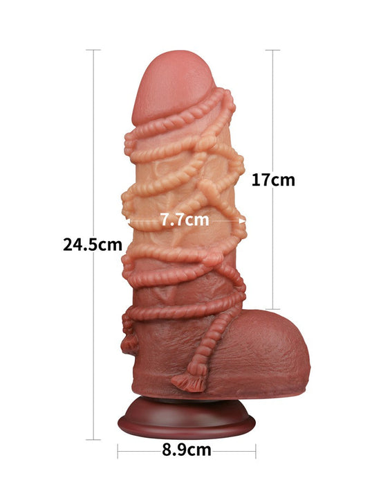 LoveToy - XXL Extreme Dildo met Touw Motief - Lengte 24,5 cm - Bruin/Lichte Huidskleur-Laced-up.nl