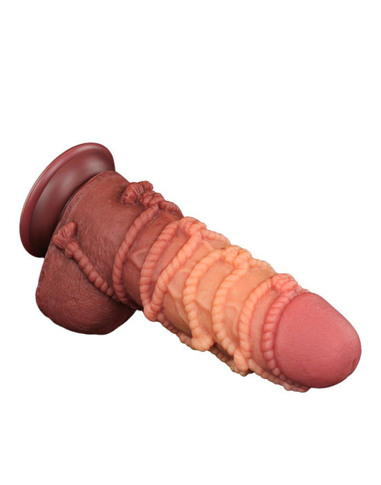 LoveToy - XXL Extreme Dildo met Touw Motief - Lengte 24,5 cm - Bruin/Lichte Huidskleur-Laced-up.nl