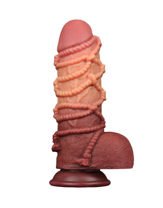 LoveToy - XXL Extreme Dildo met Touw Motief - Lengte 24,5 cm - Bruin/Lichte Huidskleur-Laced-up.nl