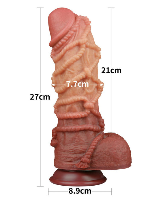 LoveToy - XXL Extreme Dildo met Touw Motief - Lengte 26.5 cm - Bruin/Lichte Huidskleur-Laced-up.nl