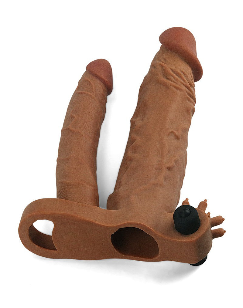 LoveToy - Pleasure X-tender Verlengende Vibrerende dubbele penis sleeve - Bruin-Laced-up.nl