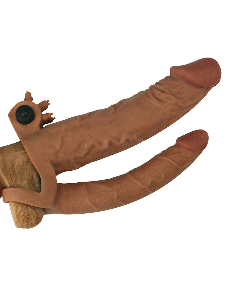 LoveToy - Pleasure X-tender Verlengende Vibrerende dubbele penis sleeve - Bruin-Laced-up.nl