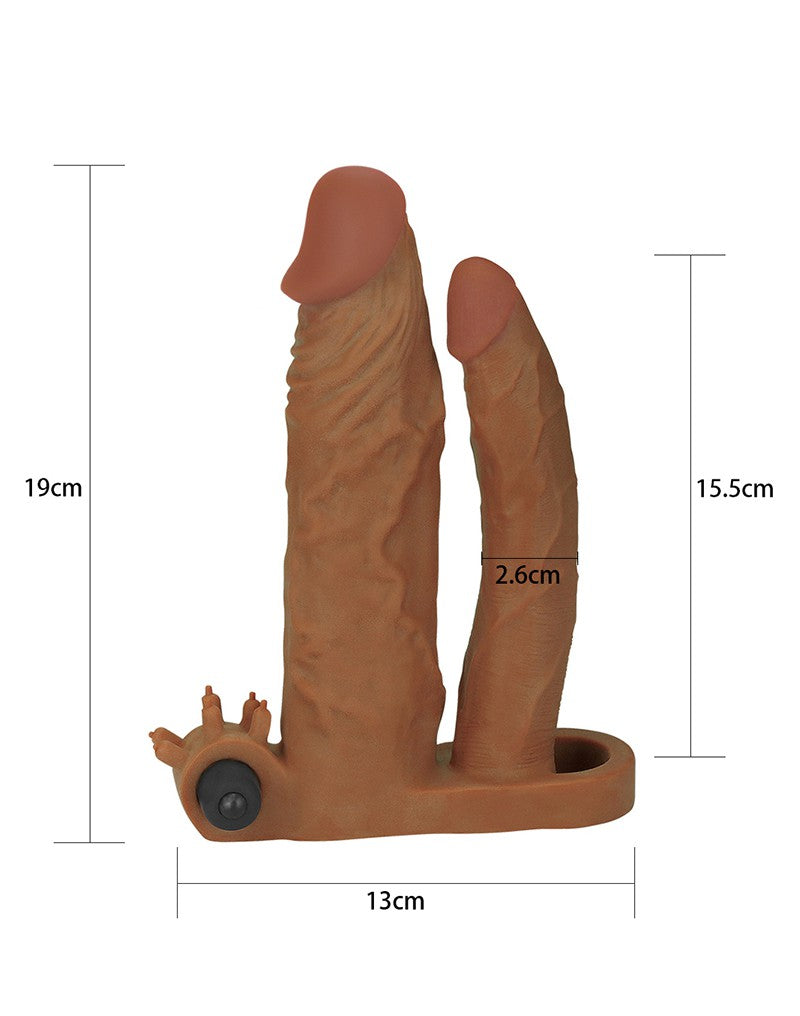 LoveToy - Pleasure X-tender Verlengende Vibrerende dubbele penis sleeve - Bruin-Laced-up.nl