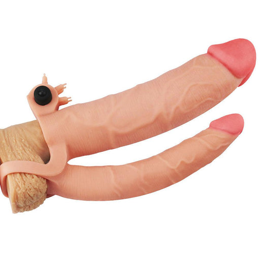 Lovetoy - Pleasure X-tender Vibrerende dubbele penis sleeve 21 En 17 cm - Lichte Huidskleur-Erotiekvoordeel.nl