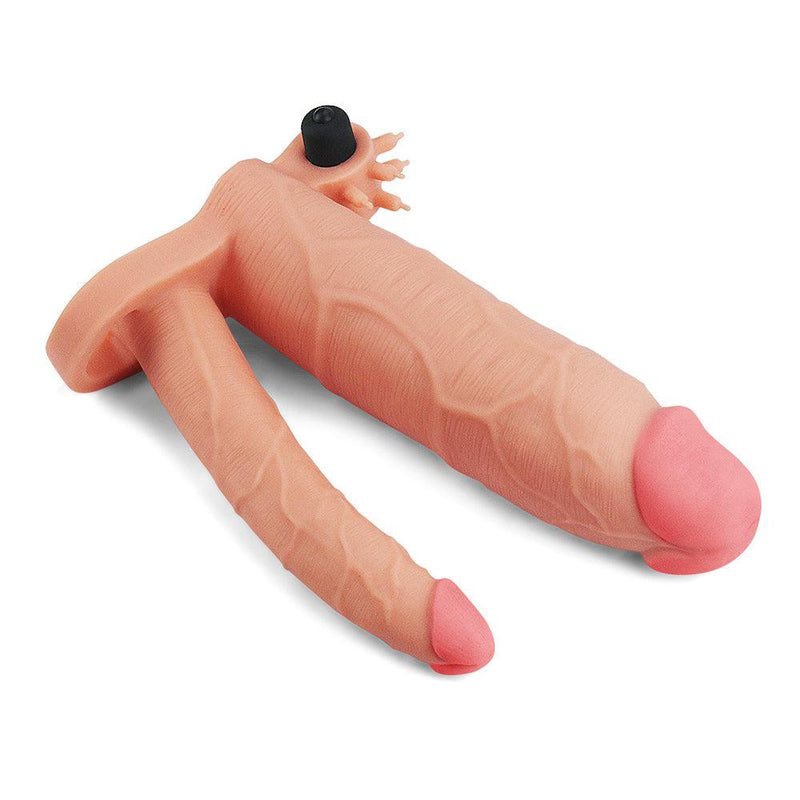 LoveToy - Pleasure X-tender Vibrerende Dubbele Penis Sleeve - 21 en 17 cm - Lichte Huidskleur-Laced-up.nl