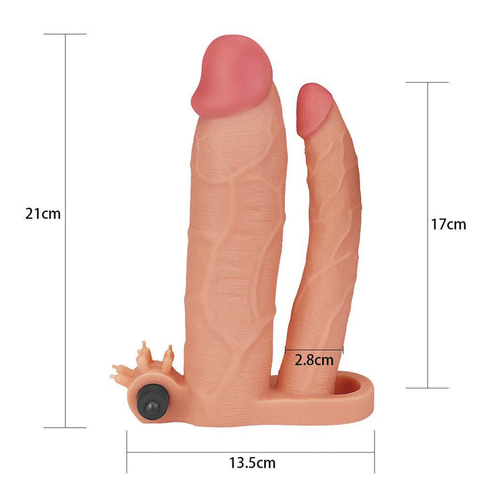 LoveToy - Pleasure X-tender Vibrerende Dubbele Penis Sleeve - 21 en 17 cm - Lichte Huidskleur-Laced-up.nl
