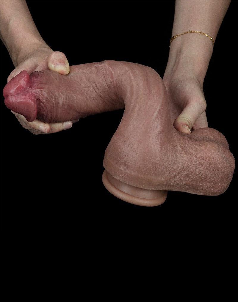 LoveToy - Realistische Grote Dildo 27 cm Dubbellaags Siliconen - Donkere Huidskleur-Laced-up.nl