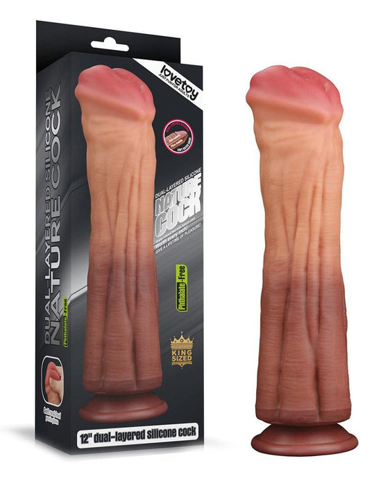 LoveToy - Realistische XXL Horse Dong Dildo 30 cm - Lichte/donkere Huidskleur-Laced-up.nl
