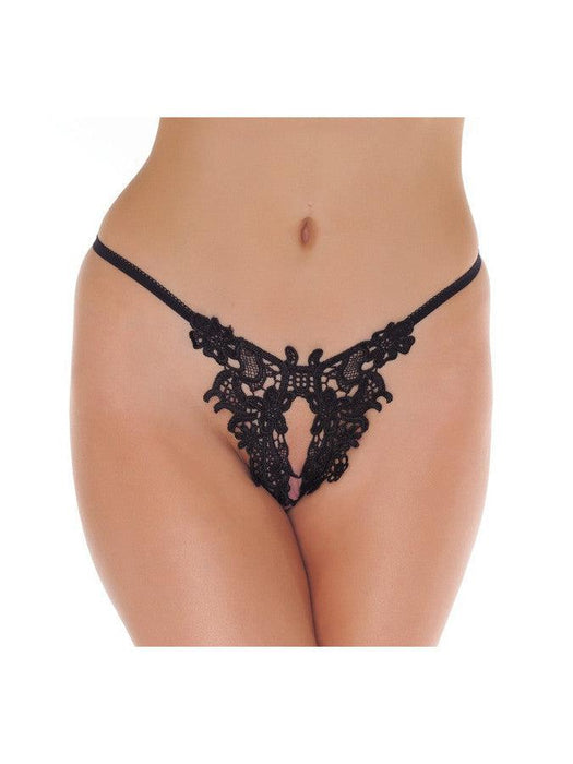 Amorable - Luxe Kanten String Met Open Kruis - Zwart-Laced-up.nl