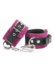 Rimba - Luxe Leren Enkelboeien Met karabijnhaken En Ketting - Roze suede/Zwart leer-Erotiekvoordeel.nl