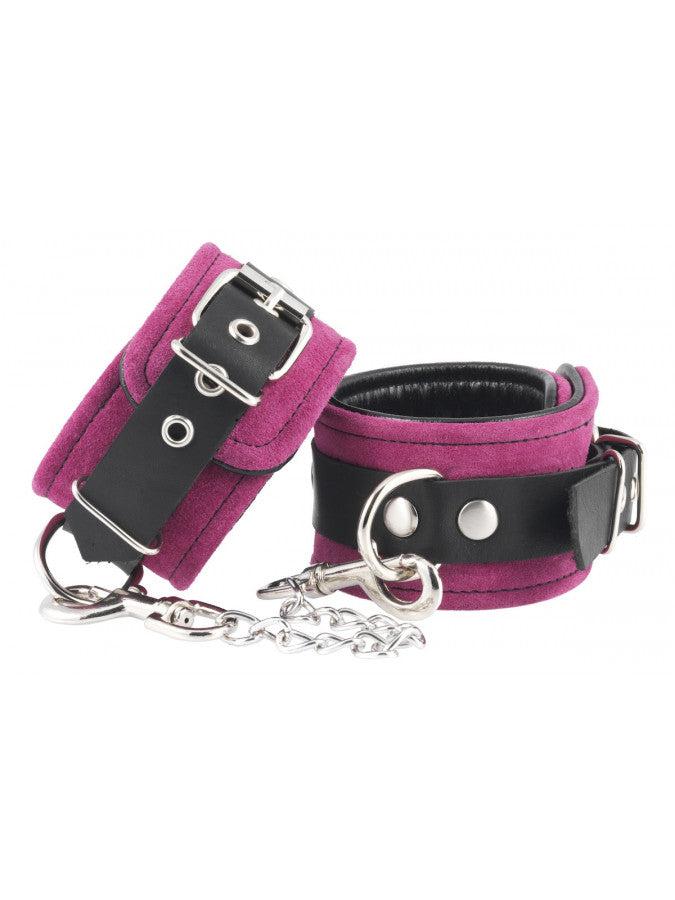 Rimba - Luxe Leren Enkelboeien Met karabijnhaken En Ketting - Roze suede/Zwart leer-Erotiekvoordeel.nl