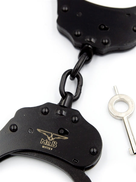 Mister B Cuffs - Double Lock - Stalen Politiehandboeien Met Ketting - Zwart-Erotiekvoordeel.nl