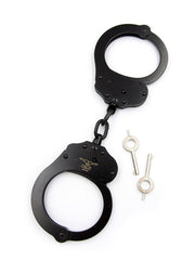 Mister B Cuffs - Double Lock - Stalen Politiehandboeien Met Ketting - Zwart-Erotiekvoordeel.nl