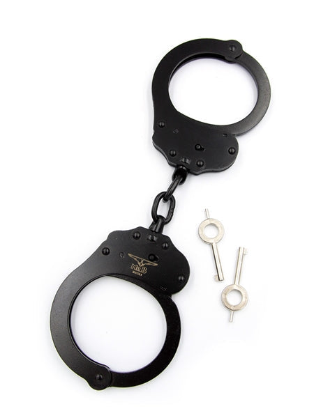 Mister B Cuffs - Double Lock - Stalen Politiehandboeien Met Ketting - Zwart-Erotiekvoordeel.nl