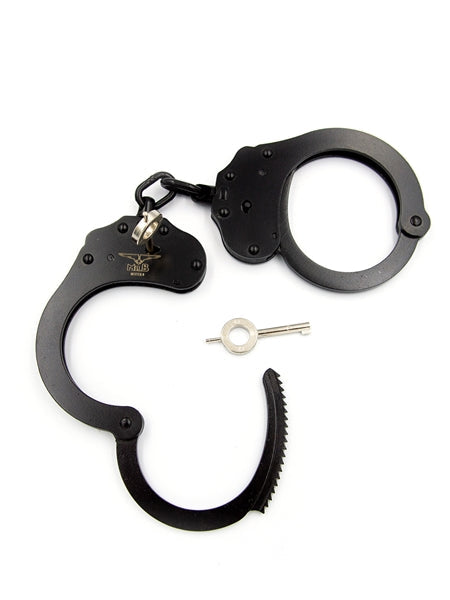 Mister B Cuffs - Double Lock - Stalen Politiehandboeien Met Ketting - Zwart-Erotiekvoordeel.nl