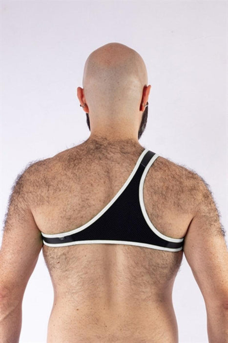 Mister B - Harnas - Neopreen Triangle Harnas - Zwart Wit - Maat L/XL-Laced-up.nl