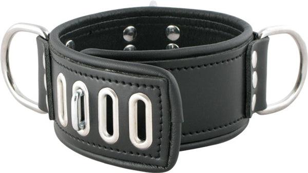 Mister B - Ruige Collar - Afsluitbare Leren Halsband met 3 D-Ringen - Verstelbaar - Zwart - Maat Small-Laced-up.nl