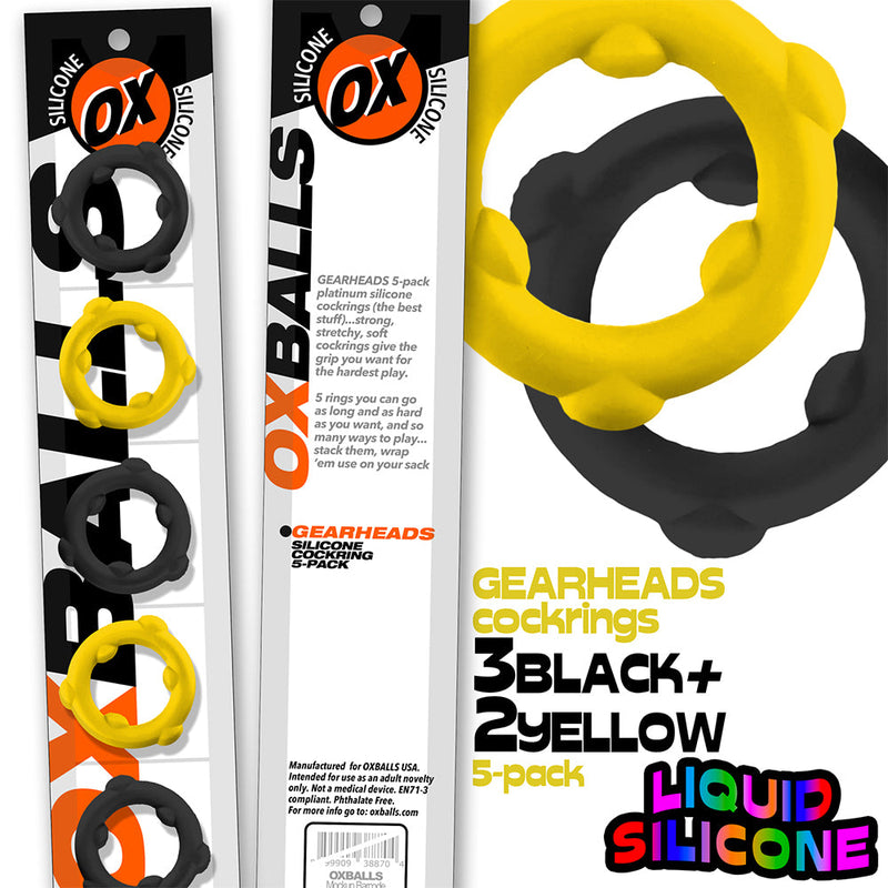 Oxballs - Gearheads - Spinner Cockringen Set - 5 stuks - Geel/Zwart-Erotiekvoordeel.nl