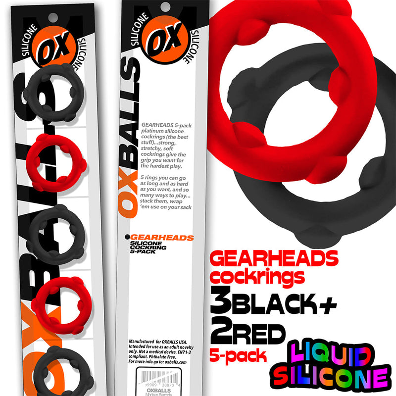 Oxballs - Gearheads - Spinner Cockringen Set - 5 stuks - Rood/Zwart-Erotiekvoordeel.nl