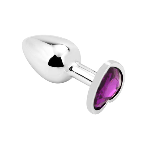 PLGZ - Hartvormige Metalen Buttplug - Zilver - Paarse Siersteen - Verkrijgbaar in 3 maten-Laced-up.nl