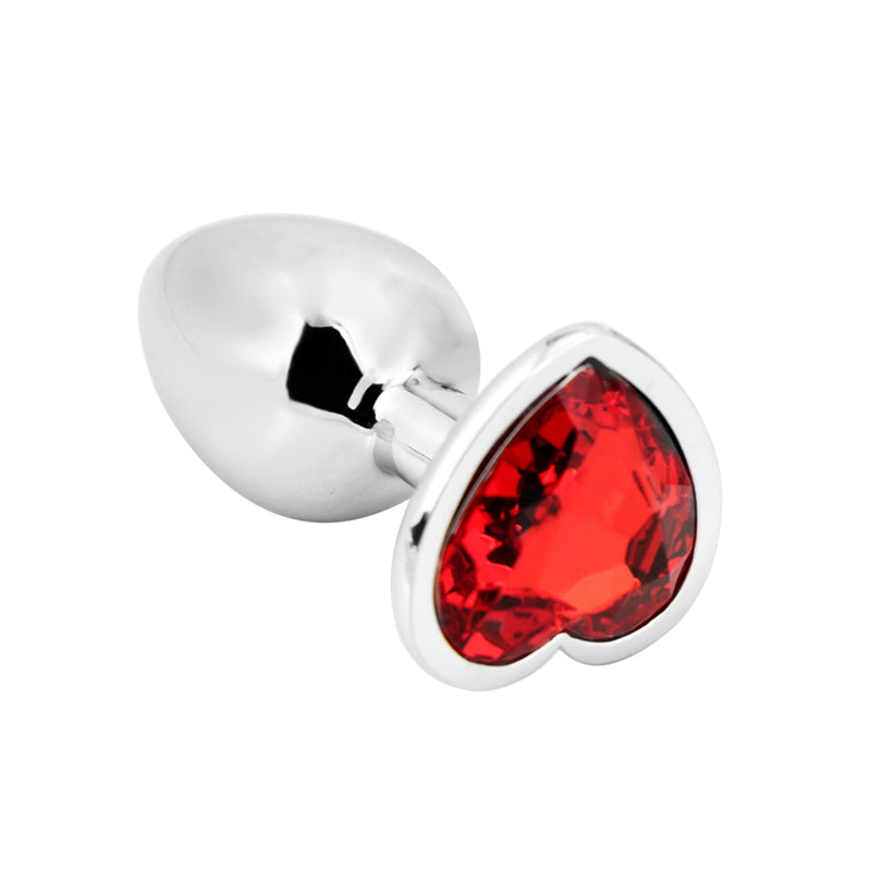 PLGZ - Hartvormige Metalen Buttplug - Zilver - Rode Siersteen - Verkrijgbaar in 3 maten-Laced-up.nl