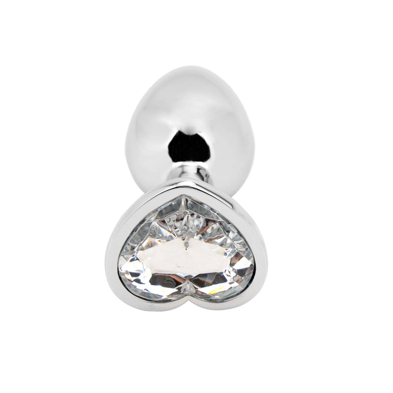 PLGZ - Hartvormige Metalen Buttplug - Zilver- Witte Siersteen - Verkrijgbaar in 3 maten-Laced-up.nl