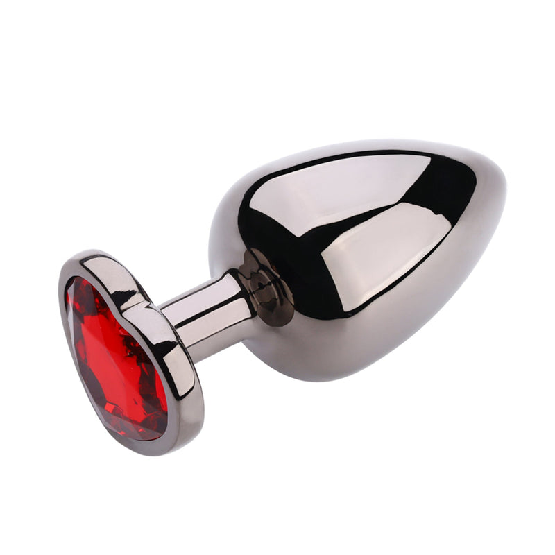 PLGZ - Hartvormige Metalen Buttplug - Zwart Metallic - Rode Siersteen - Verkrijgbaar in 3 maten-Laced-up.nl