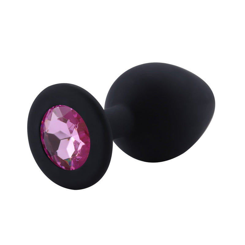 PLGZ - Rosebud Siliconen Anaal Plug - Zwart - Roze Siersteen - Verkrijgbaar in 3 maten-Laced-up.nl
