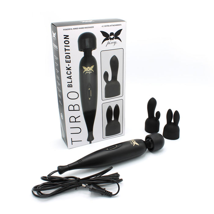 Pixey Turbo - Wand Vibrator - Massager - Black Edition - Met Twee Opzetstukken-Laced-up.nl