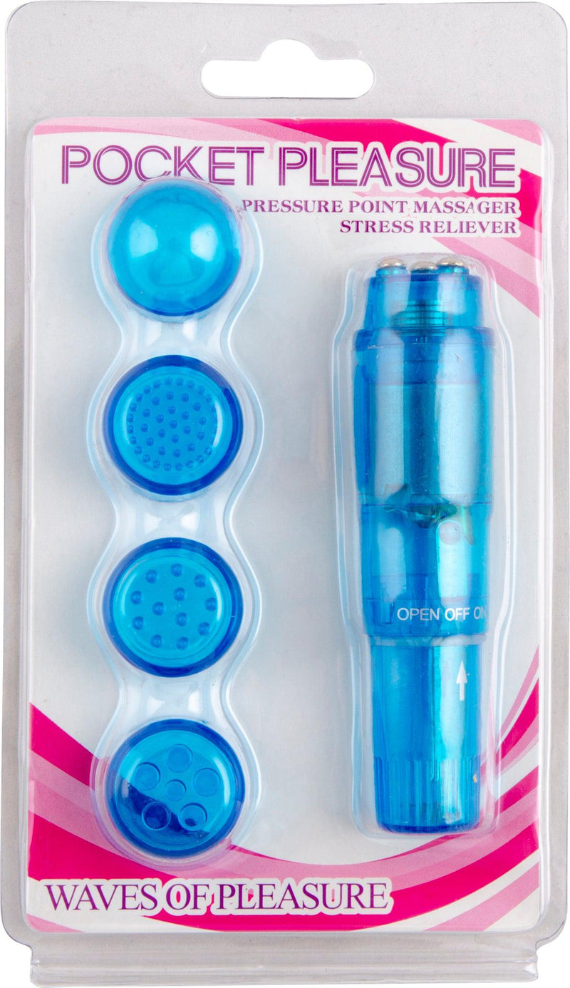 Pocket Pleasure - Pocket Rocket Massager - 4 opzetstukjes - Blauw-laced-up.nl