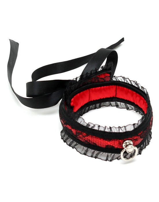 Rimba - Halsband - Burlesque Collar Met O-Ring - Zwart/Rood-Laced-up.nl