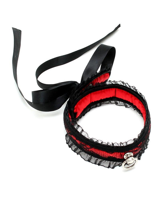 Rimba - Halsband - Burlesque Collar Met O-Ring - Zwart/Rood-Laced-up.nl