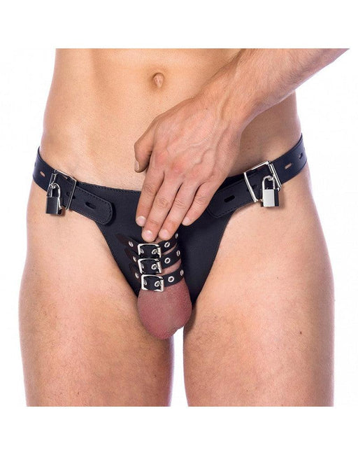 Rimba Bondage Play - Kuisheidsgordel - Echt Tuiglederen Kuisheid Slip met 2 Hangsloten - Verstelbaar - Zwart-Laced-up.nl