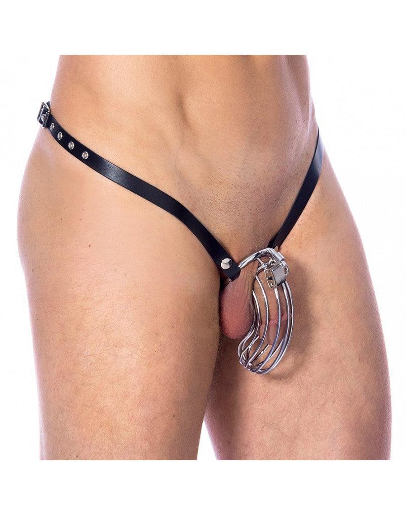 Rimba - Keuschheitsgürtel - Keuschheitsslip aus Leder mit Metall-Keuschheitskäfig - Einheitsgröße - Laced-up.nl
