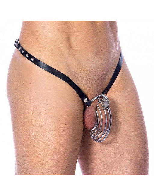 Rimba - Ceinture de chasteté - Slip de chasteté en cuir avec cage de chasteté métallique - Taille unique - Laced-up.nl