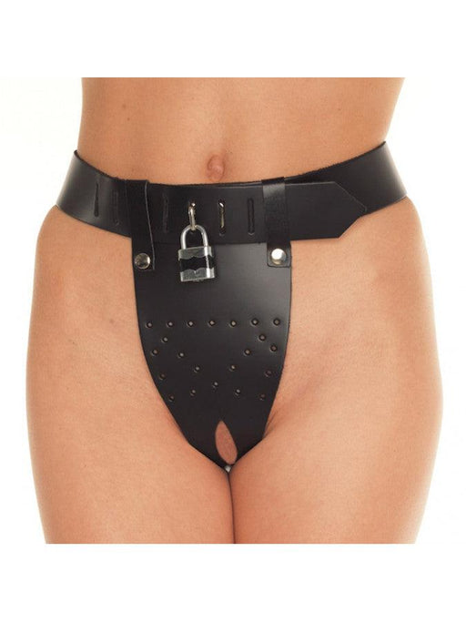 Rimba - Ceinture de chasteté avec deux ouvertures à l'entrejambe, cadenas inclus - Réglable - Cuir - Noir - Laced-up.nl