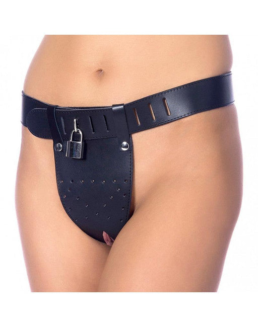 Rimba - Ceinture de chasteté avec deux ouvertures à l'entrejambe, cadenas inclus - Réglable - Cuir - Noir - Laced-up.nl