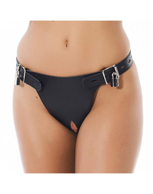 Rimba Bondage Play - Kuisheidsgordel voor Vrouwen Met Hangsloten En plasgaatje - Verkrijgbaar in maten S/M en M/L - Leer - Zwart-Laced-up.nl
