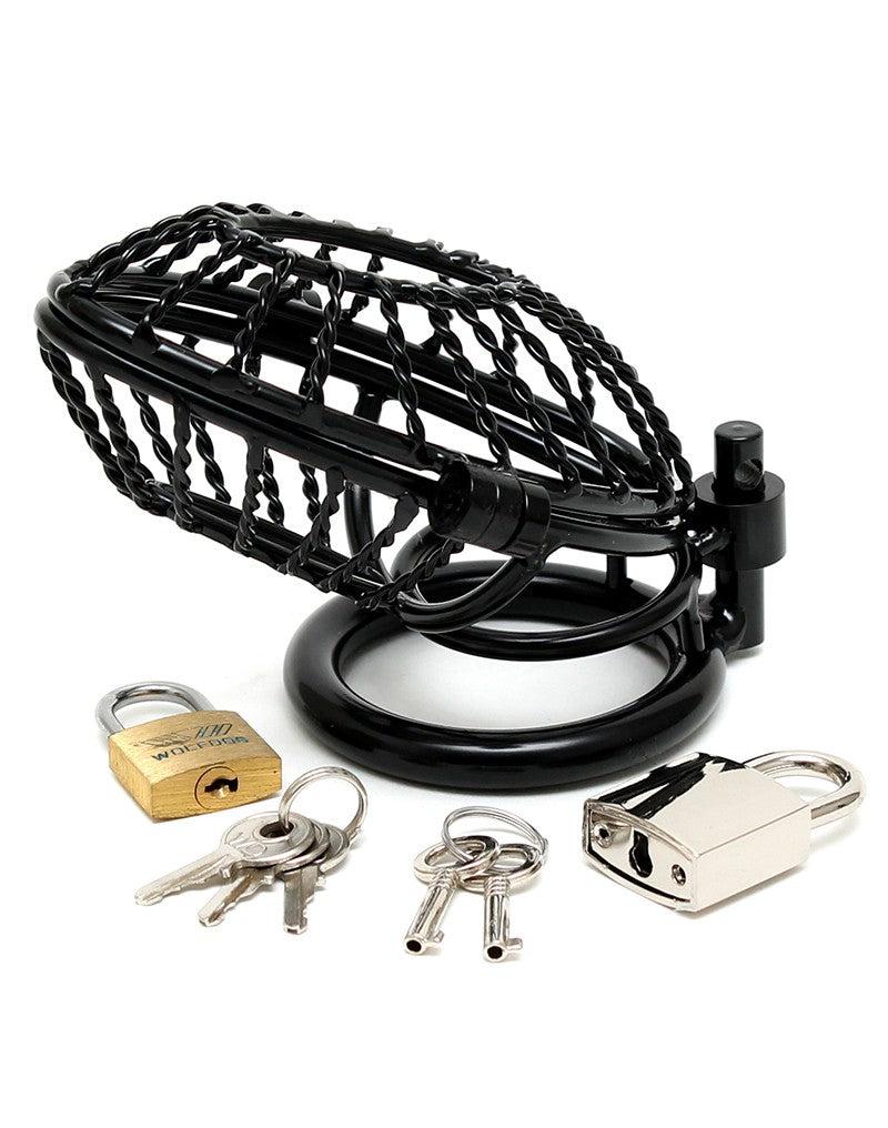 Rimba - Cage de chasteté - Cage à pénis en métal avec cadenas et deux anneaux - Noir - Laced-up.nl