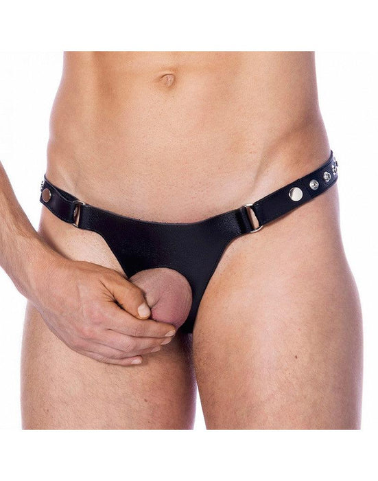 Rimba Bondage Play – Leren Herenstring met Open Penisopening-Laced-up.nl