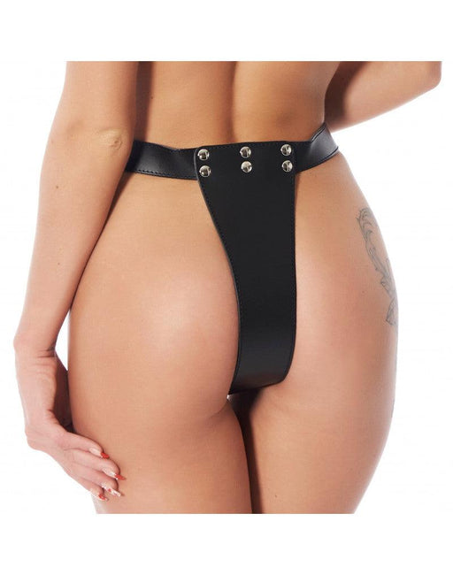 Rimba Bondage Play - Leren voorbind Slip Met dildo's aan binnen En buitenkant - 4 x 17 cm En 3,5 x 13 cm-Laced-up.nl