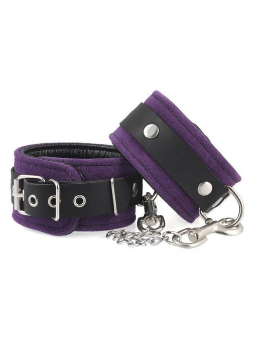 Rimba - Menottes de cheville en cuir de luxe - Avec mousquetons et chaîne - Daim violet/cuir noir -Laced-up.nl