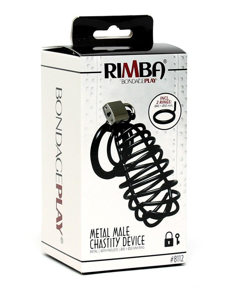 Rimba - Penis Cage - Metal Chastity Cage with Two Sizes of Rings and Padlock - Black - Laced-up.nl