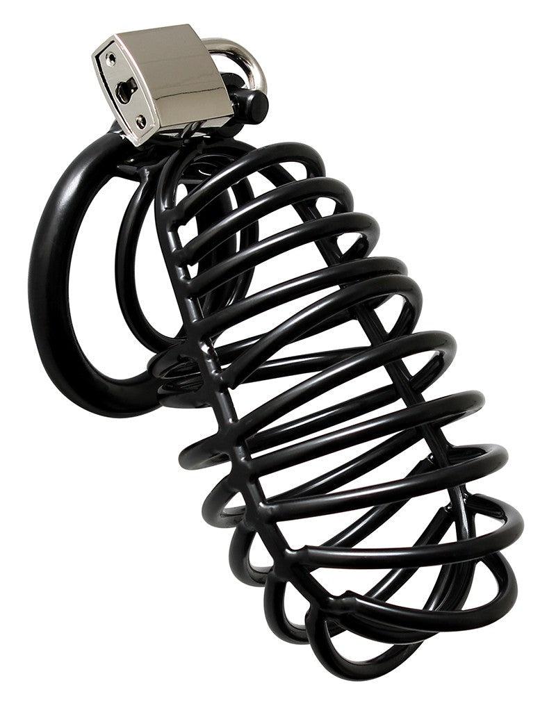 Rimba - Penis Cage - Metal Chastity Cage with Two Sizes of Rings and Padlock - Black - Laced-up.nl