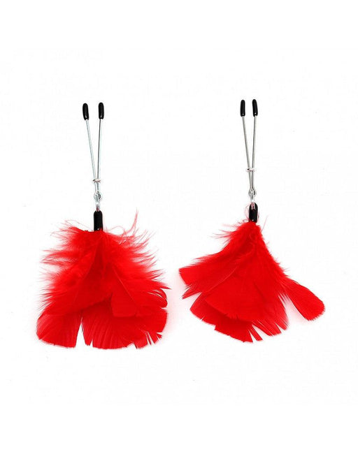 Rimba - Pinces à tétons réglables de type pince à épiler avec plumes - Rouge - Laced-up.nl