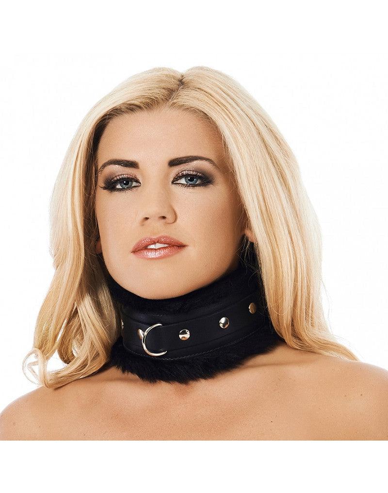Rimba - Collar de cuero ancho y forrado con piel sintética - Negro-Erotiekvoordeel.nl