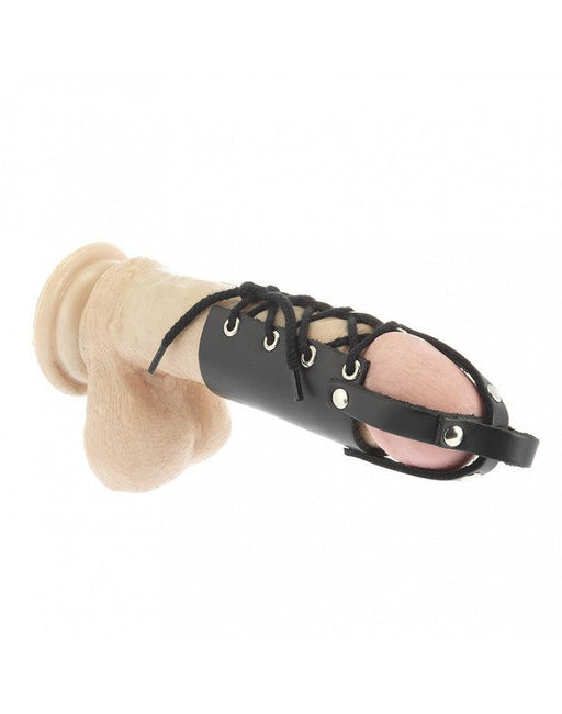 Rimba - Lederen Penis Strap met Veter en Bandje over Eikel - Zwart-Erotiekvoordeel.nl